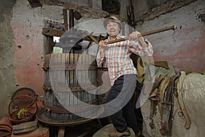 Mesmerizing shot of the attractive farmer pressing grapes with a wine press