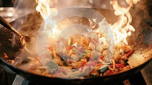 A mesmerizing shot of a flaming wok stirfry with tongues of fire licking the sides of the wok. The fragrant aromas of