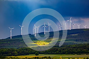 Mesmerizing shot of wind turbines under a cloudy sky