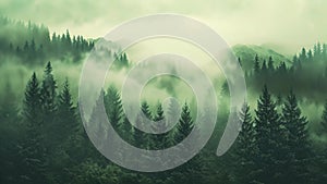 A mesmerizing sight of a dense fog covering a vast forest teeming with towering trees., Misty landscape with fir forest in vintage