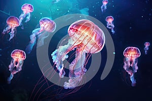 A mesmerizing sight of a large number of jellyfish gracefully floating in the pristine ocean waters, Luminous jellyfish tentacles