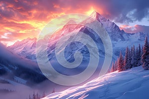 Mesmerizing snowy landscape Sunrise illuminates majestic mountain peaks