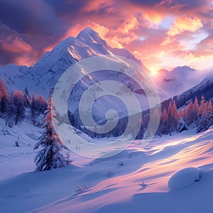 Mesmerizing snowy landscape Sunrise illuminates majestic mountain peaks