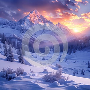 Mesmerizing snowy landscape Sunrise illuminates majestic mountain peaks