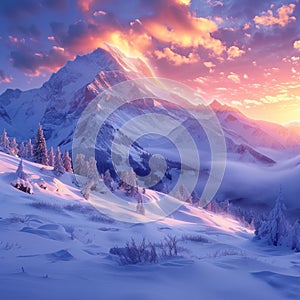 Mesmerizing snowy landscape Sunrise illuminates majestic mountain peaks