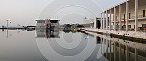 Mesmerizing sunrise next to the Lisbon Oceanarium in Parque das Nacoes, Lisbon Portugal