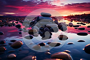 A mesmerizing sunset backdrop, highlighting Zen stones immersed in water