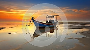 A Mesmerizing Sunset Casts its Radiance on a Fishing Boat during Low Tide. Generative AI