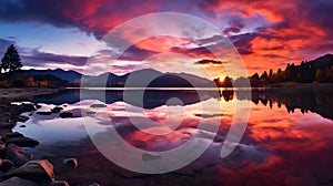 Mesmerizing Sunset over Tranquil Lake: Mountains and Sky Painted with Hues of Orange, Pink, and Purple. Generative Ai.