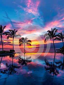 Mesmerizing tropical sunset over an island, with palm trees silhouetted against the vivid sky filled with brilliant hues