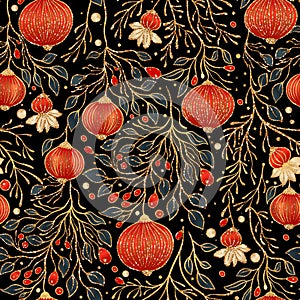 A mesmerizing vector fabric design of fiery red balls and gleaming gold leaves