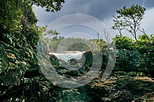 Mesmerizing view of a beautiful rocky beach in Caribbean Island Tobago, Trinidad