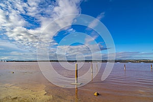 Mesmerizing view of a beautiful seascape with poles in waterunder a cloudy sky