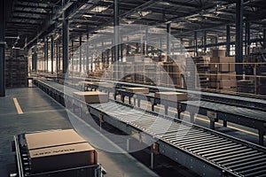 A mesmerizing view of conveyor belts in motion, swiftly sorting parcels with precision and efficiency. Generative Ai photo