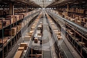 A mesmerizing view of conveyor belts in motion, swiftly sorting parcels with precision and efficiency. Generative Ai