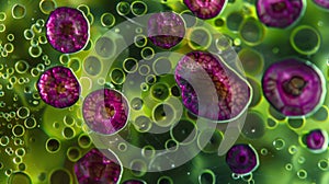 A mesmerizing view of a plant cell where tiny red and purple organelles are tered throughout a background of green photo
