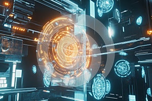 A mesmerizing visualization of AI-powered cybersecurity, featuring glowing holographic firewall