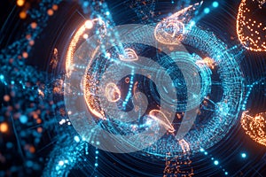 A mesmerizing visualization of AI-powered cybersecurity, featuring glowing holographic firewall