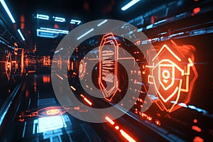 A mesmerizing visualization of futuristic AI-powered cybersecurity, featuring glowing holographic