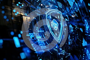 A mesmerizing visualization of futuristic AI-powered cybersecurity, featuring glowing holographic