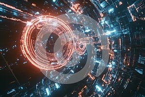 A mesmerizing visualization of futuristic AI-powered cybersecurity, featuring glowing holographic