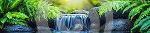 Mesmerizing waterfall surrounded by vibrant ferns and lush rocks in a serene forest landscape photo