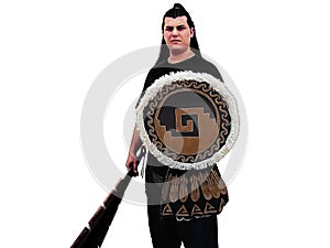 Mesoamerican warrior wearing black, holding a macuahuitl and shield in a white background. photo