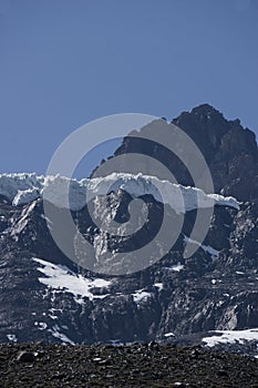 Meson Alto Glacier, located in beautiful high mountains in Cajon del Maipo, Santiago de Chile in the Andes mountain range, Chilean