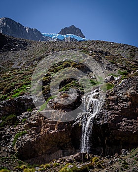 Meson Alto Glacier, located in beautiful high mountains in Cajon del Maipo, Santiago de Chile in the Andes mountain range, Chilean