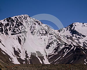 Meson Alto Glacier, located in beautiful high mountains in Cajon del Maipo, Santiago de Chile in the Andes mountain range, Chilean