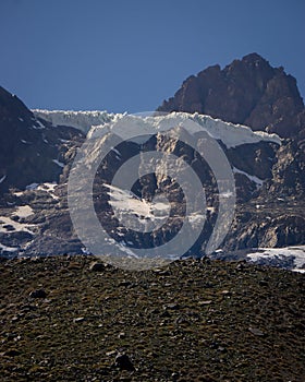 Meson Alto Glacier, located in beautiful high mountains in Cajon del Maipo, Santiago de Chile in the Andes mountain range, Chilean