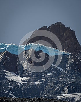 Meson Alto Glacier, located in beautiful high mountains in Cajon del Maipo, Santiago de Chile in the Andes mountain range, Chilean