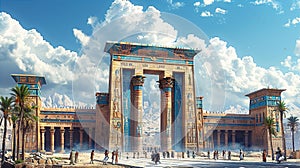 Mesopotamian ancient city gate view with people approaching the gate. Historical reconstruction illustration.