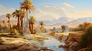Mesopotamian Art Inspired Painting Of Oasis With Palm Trees
