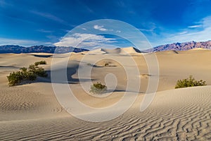 Mesquite Sand Dunes, Death Valley, California. Rippled pattern in the sand. Blue sky, clouds and mountains in distance.