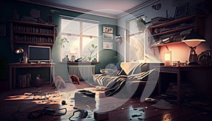 mess, disorder and interior concept - view of messy home kids room with scattered stuff. Bachelors Apartment.