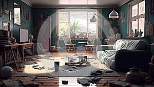 mess, disorder and interior concept - view of messy home kids room with scattered stuff. Bachelors Apartment.