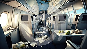 Mess in plane aisle after strong turbulence scattered personal belongings food between rows of seats