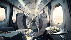 Mess in plane aisle after strong turbulence scattered personal belongings food between rows of seats