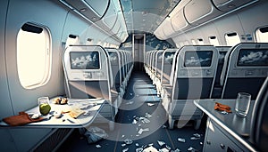 Mess in plane aisle after strong turbulence scattered personal belongings food between rows of seats