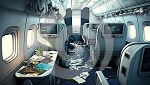 Mess in plane aisle after strong turbulence scattered personal belongings food between rows of seats photo
