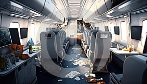 Mess in plane aisle after strong turbulence scattered personal belongings food between rows of seats photo