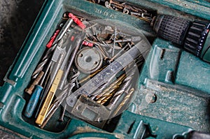 The working box of the installer. Screwdriver, drill, knife, ruler, screws and other useful stuff.