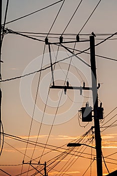 Mess of wires during the sunset. Las Tunas, Cub