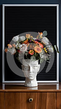 Message board mockup with creative plaster head vase of flowers