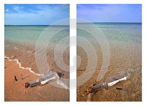 Message in a bottle in the sea beach