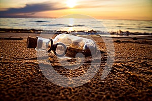 Message in the bottle against the Sun setting down