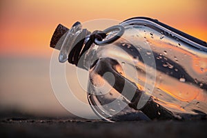 Message in the bottle against the Sun setting down