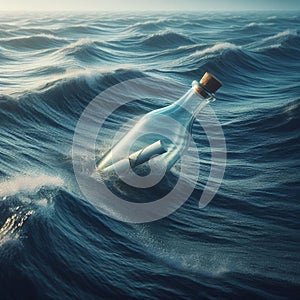 Message in a bottle bobs on the wild blue ocean photo
