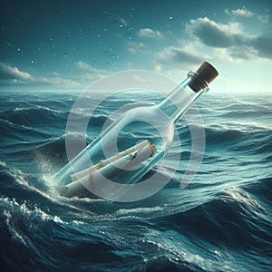 Message in a bottle bobs on the wild blue ocean